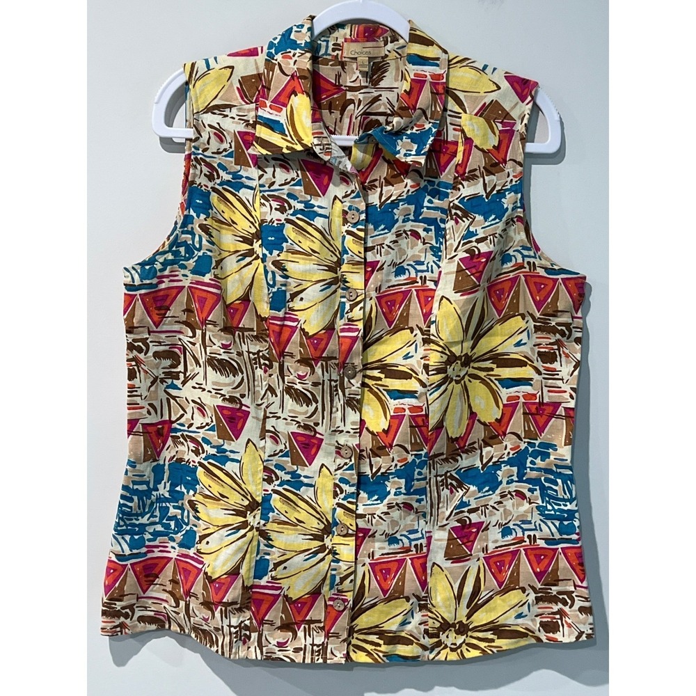 Choices Womens 100% Linen Sleeveless Button Down Top Floral Geometric Print L